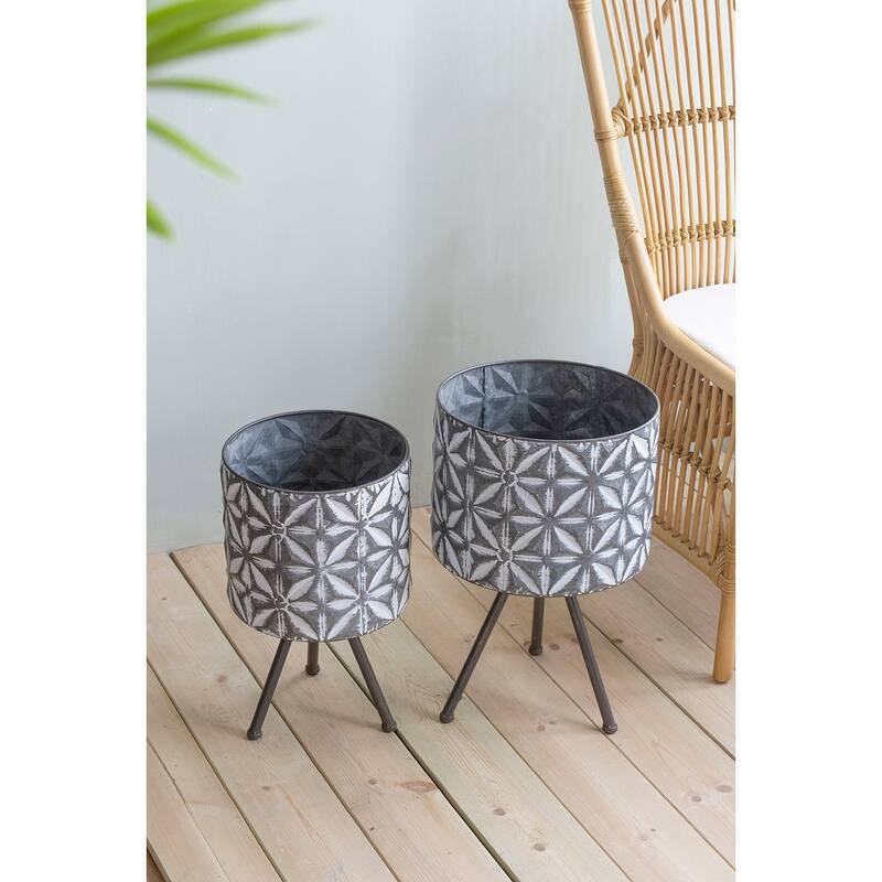 Set of 2 Metal Planter Stand,Round Galvanized Grey Farmhouse Planter