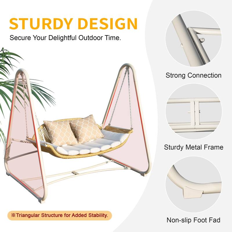 2-Seat Rattan Weave Patio Porch Swing Chair Hammock Chair with Cushions & Removable Pillows, Rust-Proof Hanging Chair - White