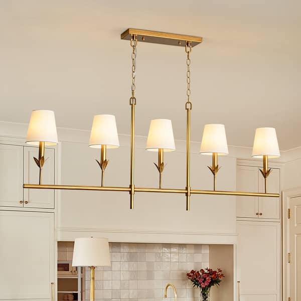 Mid-Century 5-Light Candle White Fabric Linear Island Pendant