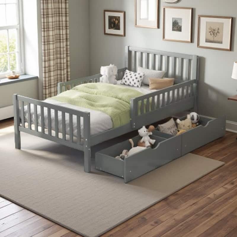 Twin Wooden Platform Bed with Storage Drawers and Side Safety Rails, No Box Spring Required - Gray