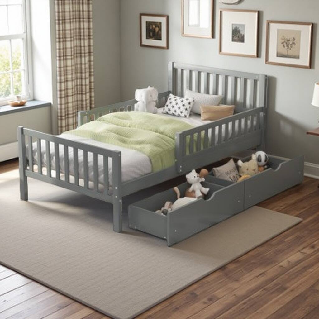 Twin Wooden Platform Bed with Storage Drawers and Side Safety Rails, No Box Spring Required