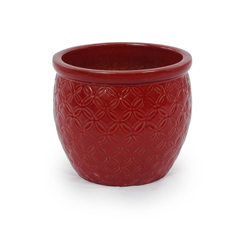 Bean Red Ceramic Planter Set of 3 - 15 Inch Square Modern Flower Pots with Drainage & Stripes