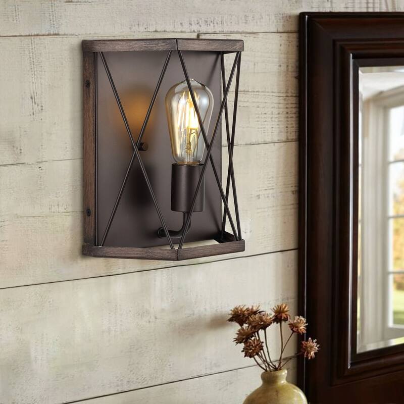 Evan 8.25" 1-Light Rustic Farmhouse Iron LED Sconce, Wood Finished/Oil Rubbed Bronze by JONATHAN Y - Dark Brown/Oil Rubbed Bronze