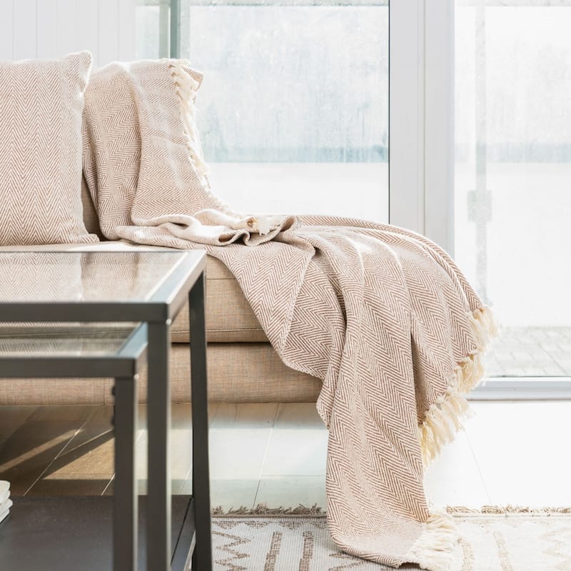 Fabstyles Herringbone Stripe Cotton Throw Blanket With Fringes