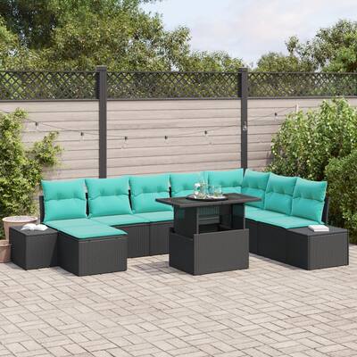vidaXL 9 Piece Garden Sofa Set with Cushions Black Poly Rattan - 125.6×60.6×27.2