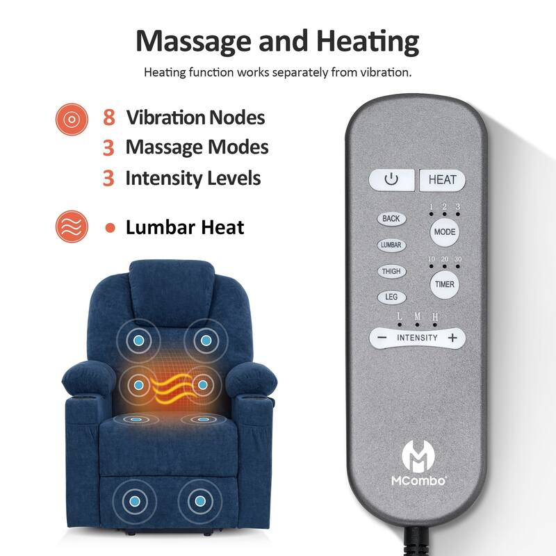 MCombo Small Power Lift Recliner Chair Sofa with Massage and Heat, 3 Positions and USB Ports Extended Footrest, Fabric 7141