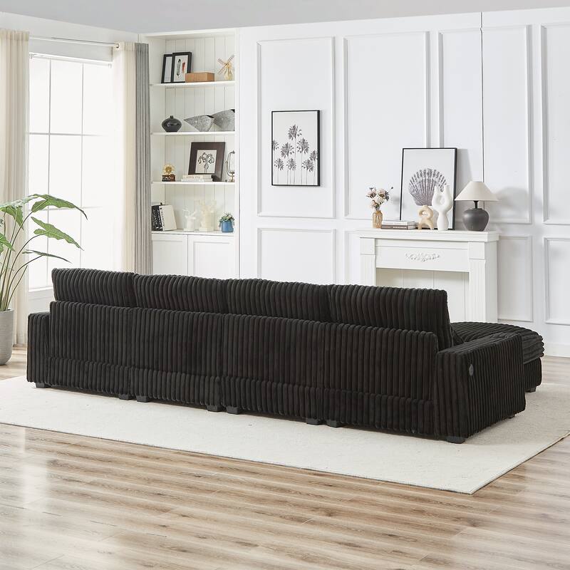 L-Shaped Modular Sectional Sofa with Ottoman, Oversized Corduroy Upholstered Sofa, 4-Seater Sofa with Cup Holders & Charge Port - Black