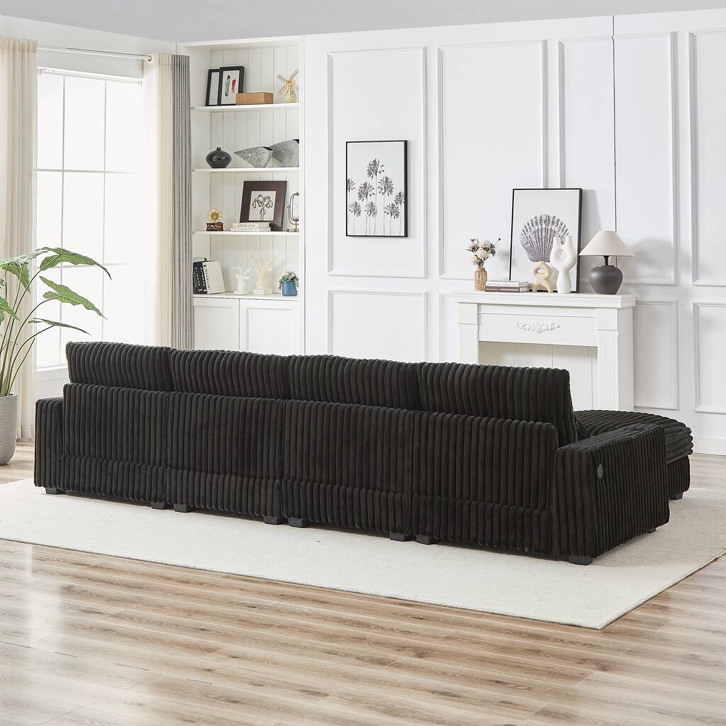 L-Shaped Modular Sectional Sofa with Ottoman, Oversized Corduroy Upholstered Sofa, 4-Seater Sofa with Cup Holders & Charge Port