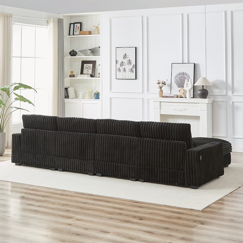 Super Large 126-Inch Corduroy L-Shaped Sofa with Cup Holders, USB Port, Movable Footrest, and 8 Cushions.