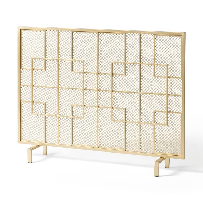 31x41 Fireplace Screen, Overlapping Square Design, Classic Gold Iron