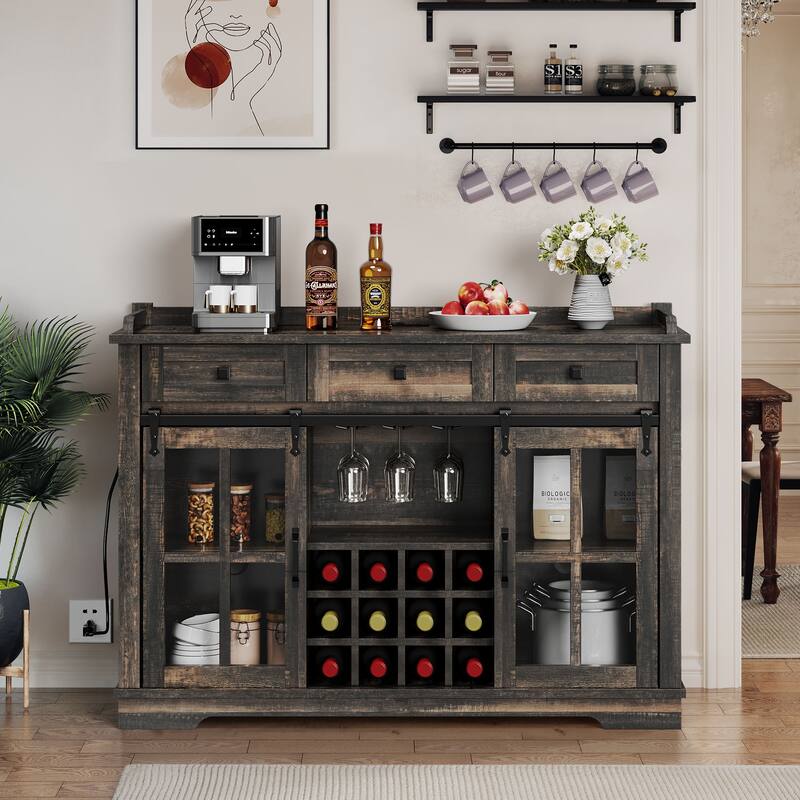 Moasis Sliding Barn Door Wine Bottle Storage with USB Ports and Outlets