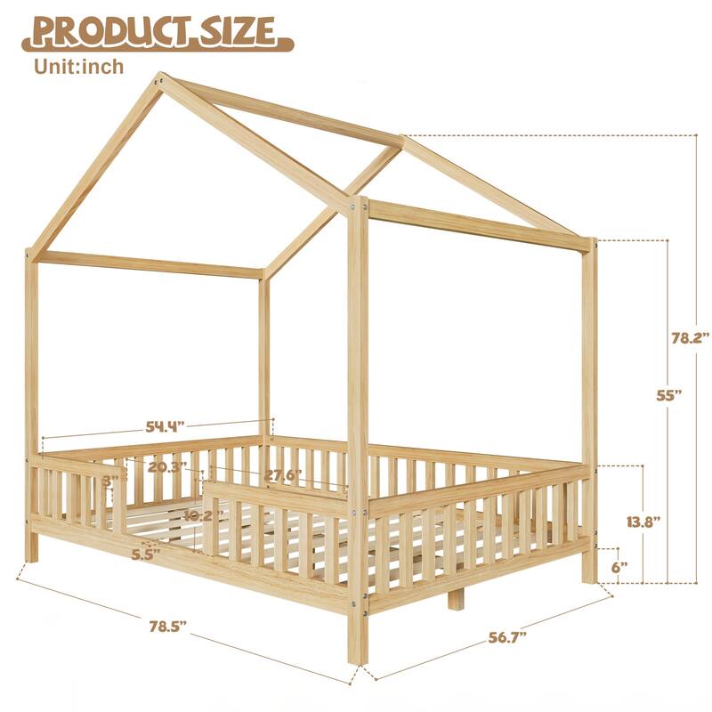Montessori Floor Bed with Canopy, Full Bed Frame for Kids, House Shape Toddler Bed Frame with High Railings
