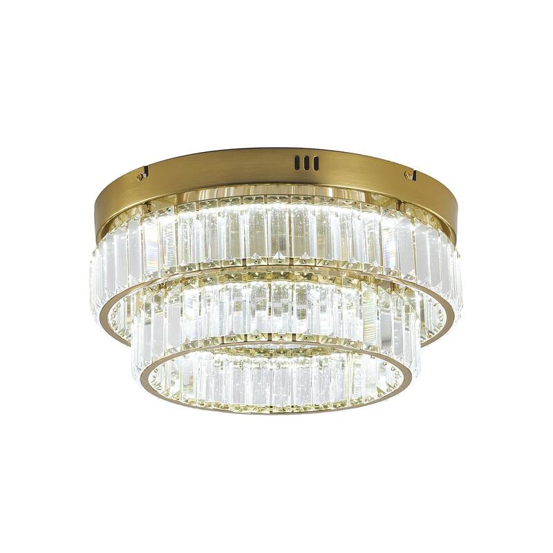 2-Light Brass Dimmable LED Flush Mount With Clear Crystals