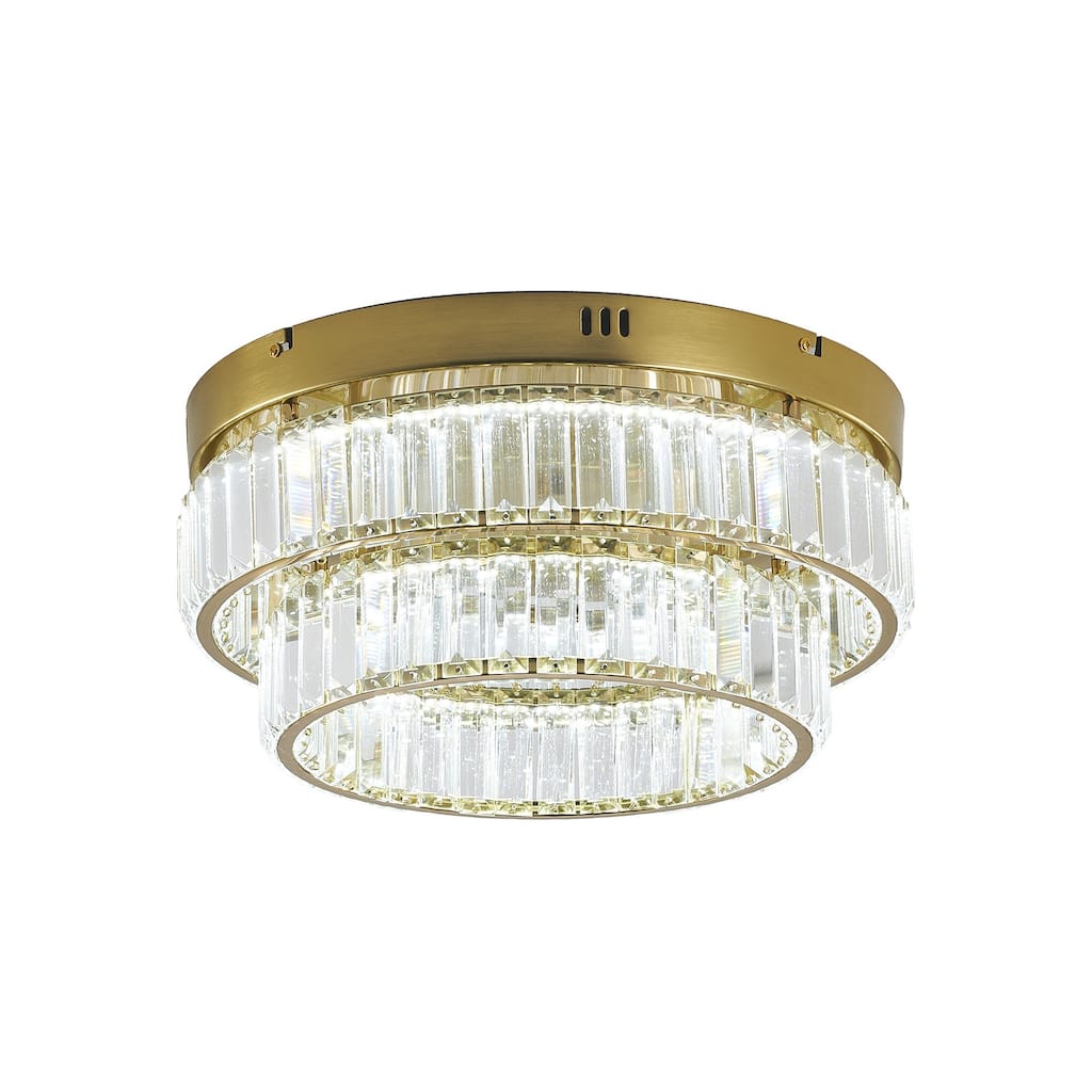 2-Light Brass Dimmable LED Flush Mount With Clear Crystals