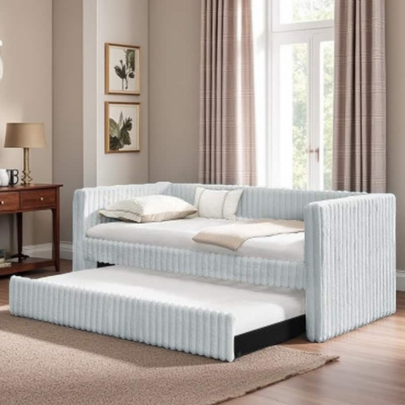 Twin Upholstered Daybed with Pull-Out Trundle, Modern Striped Corduroy Fabric Sofa Bed with Armrests, Space-Saving Sleeper - LIGHT GREY