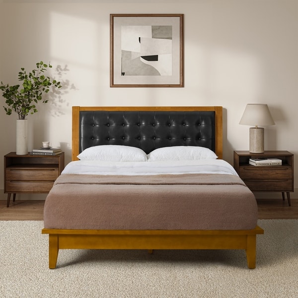 slide 2 of 20, Leocadia Mid-century Modern Button-tufted Genuine Leather Solid Wood Platform Bed with Charging Ports by HULALA HOME