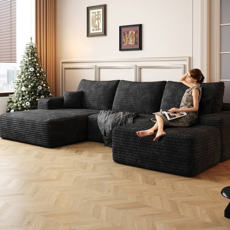 107" Modern Minimalist Upholstered U Shaped Sofa with Ottoman, No Assembly Required, Black Plush Corduroy Foam