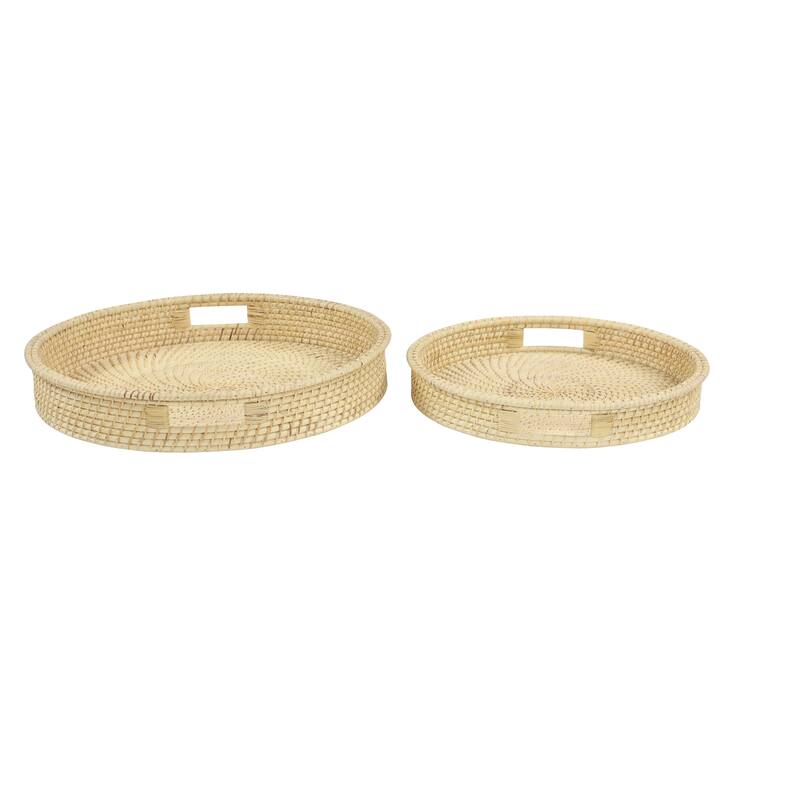 Cream Rattan Living Room Decor Tray with Slot Handles (Set of 2) - 20 x 20 x 3Round