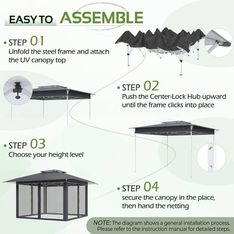 13x13 FT Pop Up Canopy Tent with Netting, UPF 50+ Outdoor Canopy with Automatic Eaves & One-Push Lock, for Patio & Parties