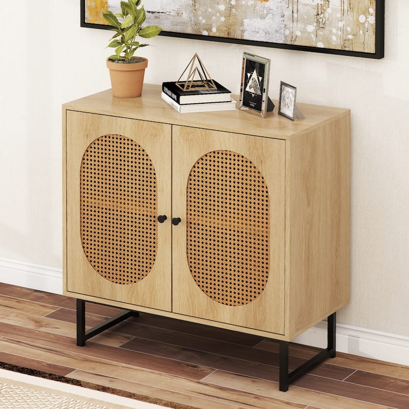 Engineered Wood Buffet Cabinet with PE Rattan Doors and Shelves - 31.5" x 16" x 32"