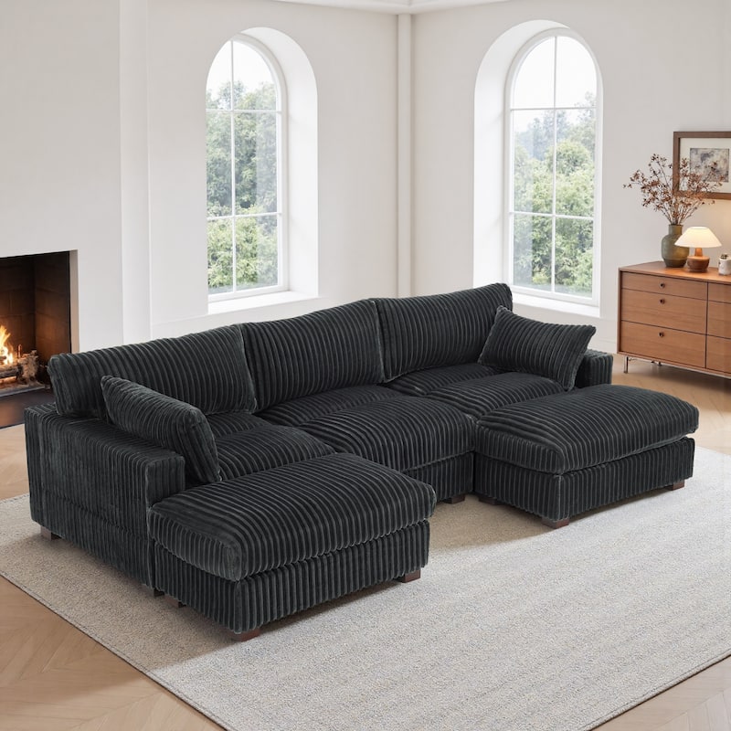 Modern Oversized Plush Corduroy Modular Sectional Sofa with 2 Ottomans