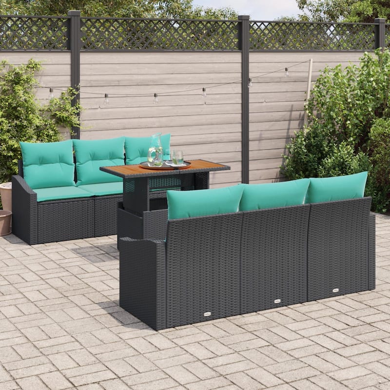 vidaXL 7 Piece Garden Sofa Set with Cushions Black Poly Rattan - 70.1×24.4×27.2
