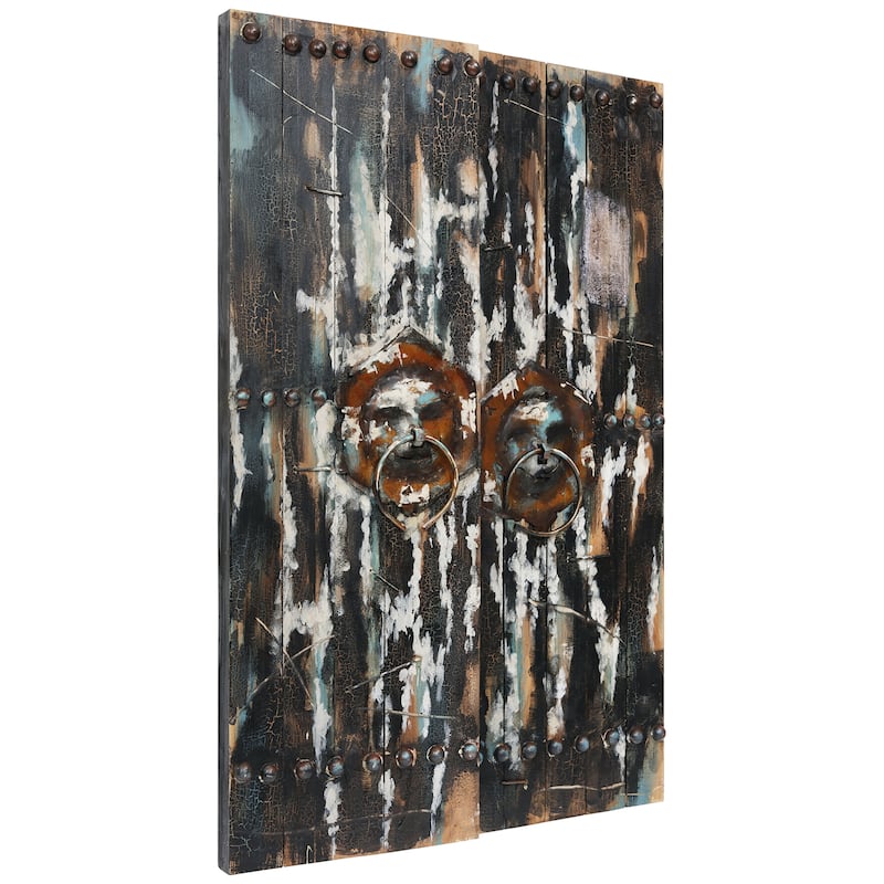 "Antique Wooden Doors 2" Metallic Handed Painted Rugged Wooden Blocks Wall Décor