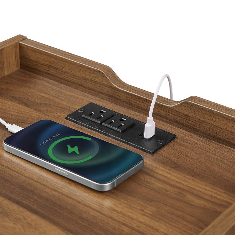 Mid-Century Modern 2-Drawer Nightstand with Charging Station & LED Lights - Bedside/End Table (Brown)