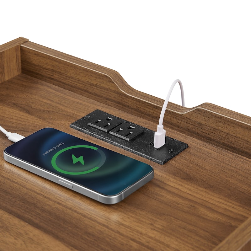 Roomfitters Modern Nightstand with Charging Station, Bedside Table with Storage and Power Outlets for Bedroom