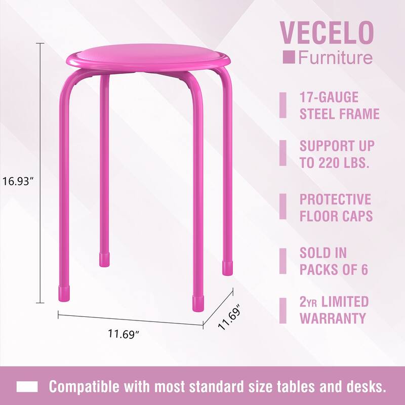 VECELO 6-Pack Stacking Stools for Living Room Backless Round Stools Set Indoor Outdoor Use with Metal Frame & Non-Slip Feet