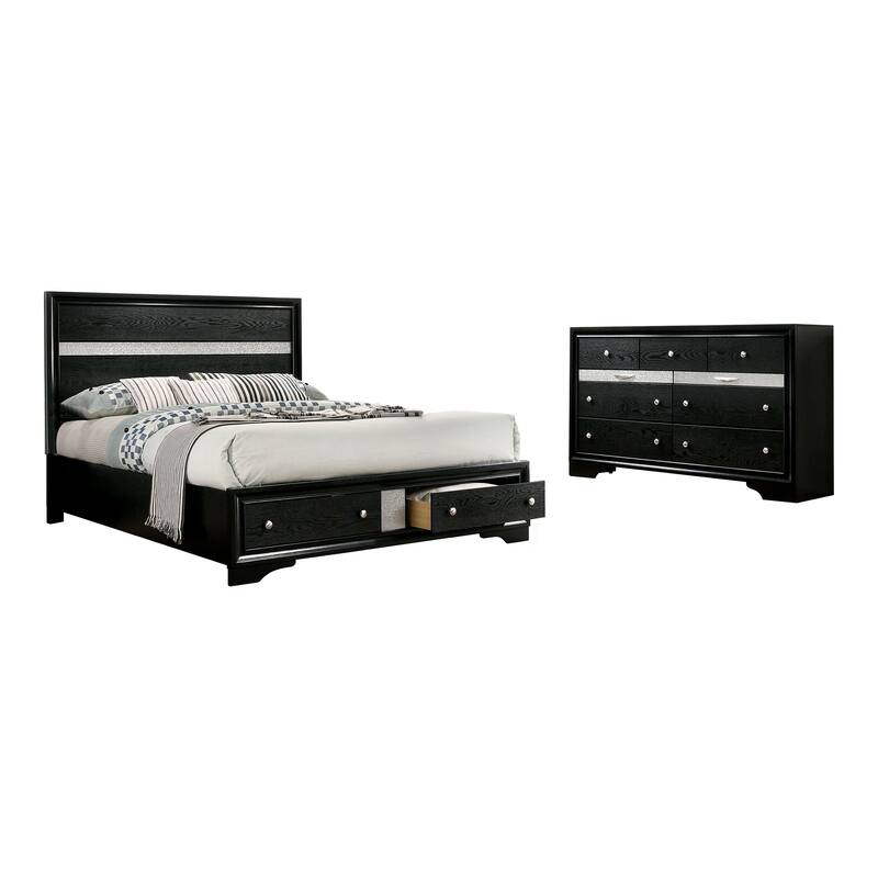 Furniture of America Manzini Modern 2-Piece Solid Wood Storage Platform Bed and Dresser Set - Black - Queen