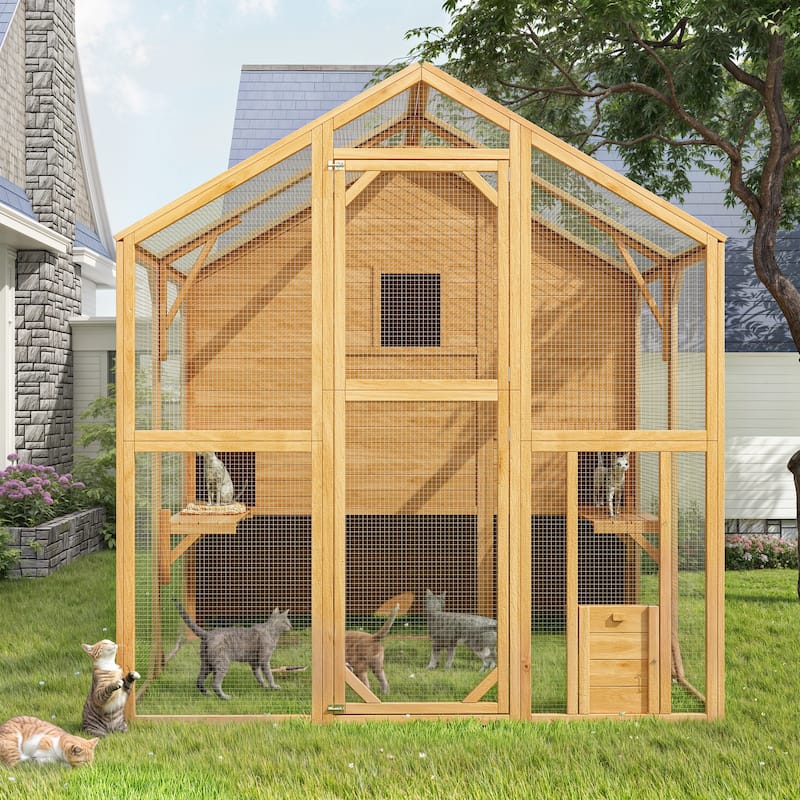 Large Outdoor Wooden Chicken Coop & Cat Enclosure with Run, 2 Colors Pet Cage