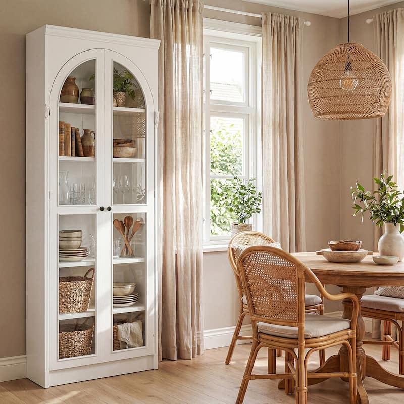 Modular White Bookcase with LED Lights & Glass Doors, 86.6" Tall Arched Display Cabinet Solid WoodStorage Cabinet