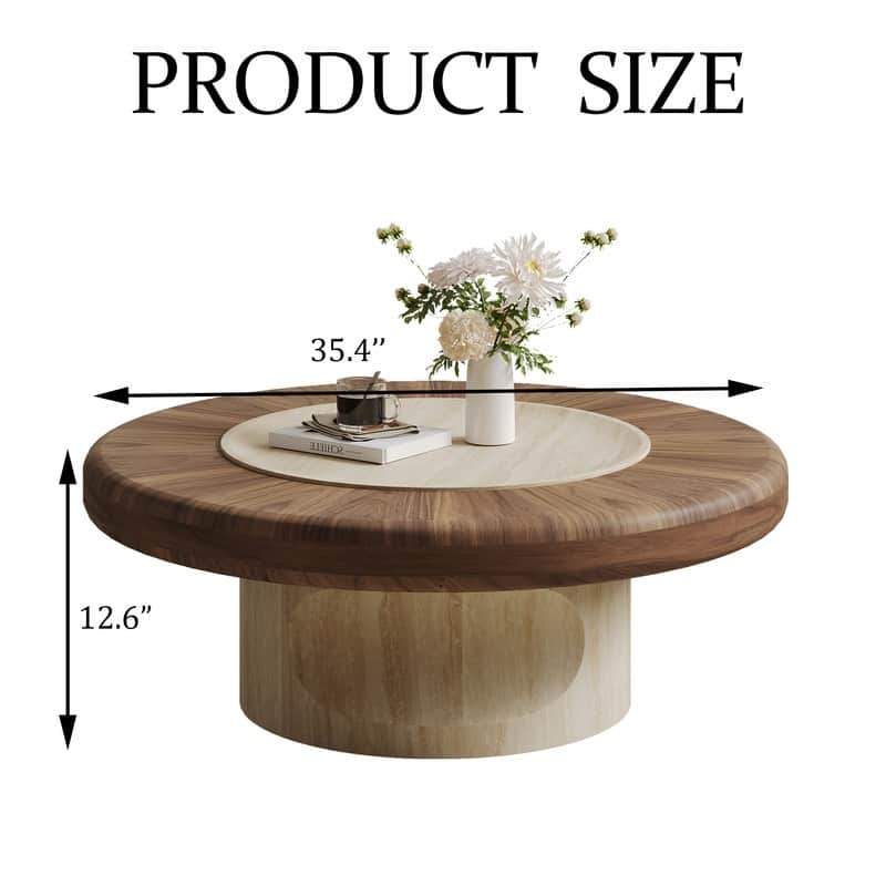 35.4" Round Dual-Wood Coffee Table, Walnut & Light Wood Mid-Century Modern Center Table for Living Room