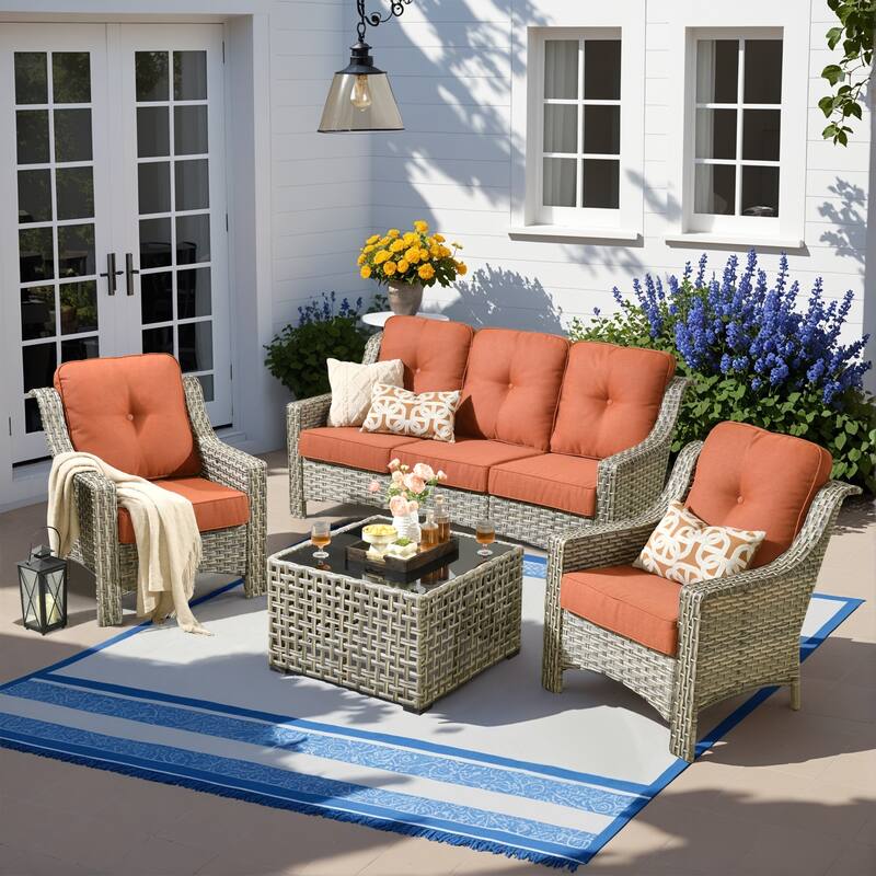 HOOOOWOOO 5-piece Wicker Rattan Patio Outdoor Furniture Ergonomic Conversation Set with Coffee Table - Red