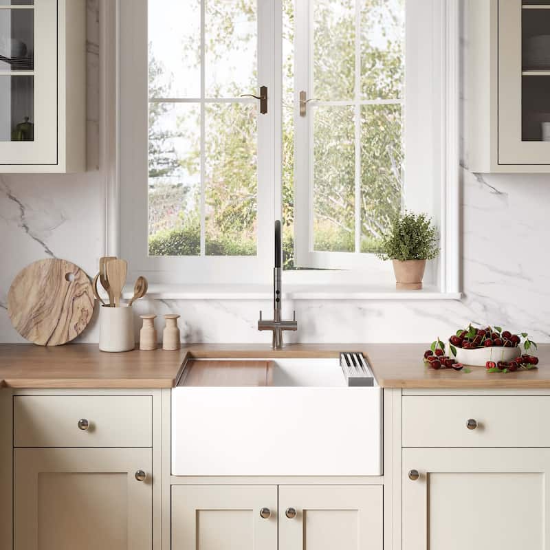 Ruvati 24 inch Fireclay Workstation White Farmhouse Kitchen Sink Apron Front Single Bowl - RVL2484WH - 24 x 18