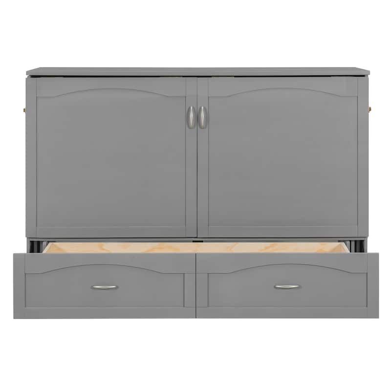 Folding Murphy Bed Queen Size Wall Cabinet Bed with Storage Drawer, Charging Station and Pulley Structure Design