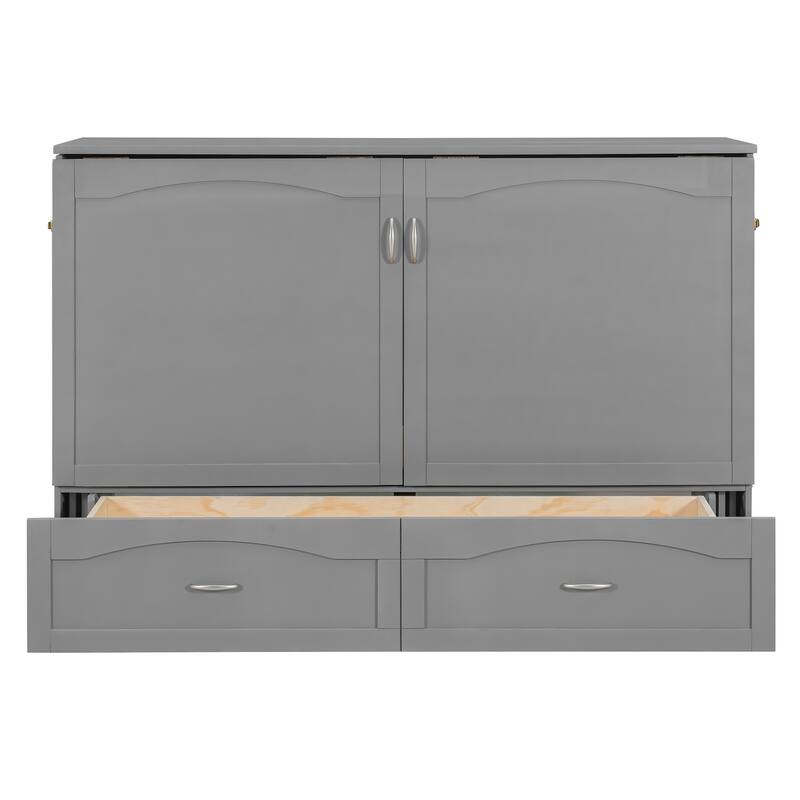 Queen Size Wall Bed with Drawers, USB Ports, and Pulley Design, Gray