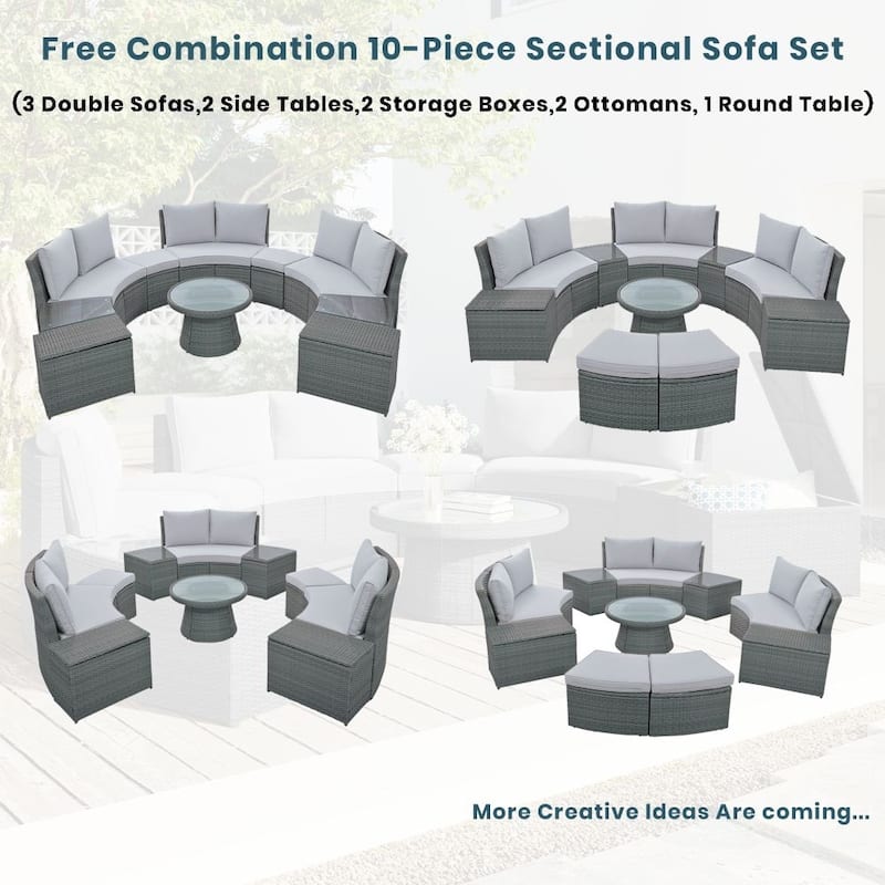 Abrihome 10-Piece Outdoor Sectional Half Round Patio Rattan Sofa Set,Light Gray
