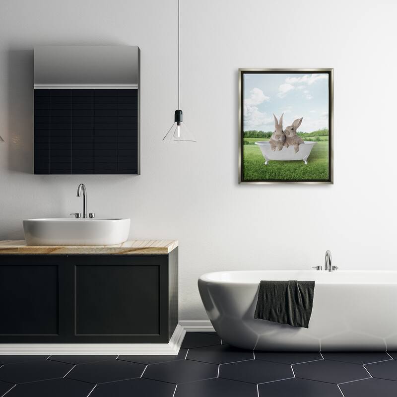 Stupell Bunnies in Tub Landscape Framed Floater Canvas Wall Art Design by Lettered and Lined