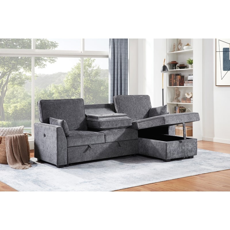 Emmy 89"W Dark Gray Fabric Sleeper Sectional Sofa with Reversible Storage Chaise, USB & USB-C Charging Ports, Cupholders
