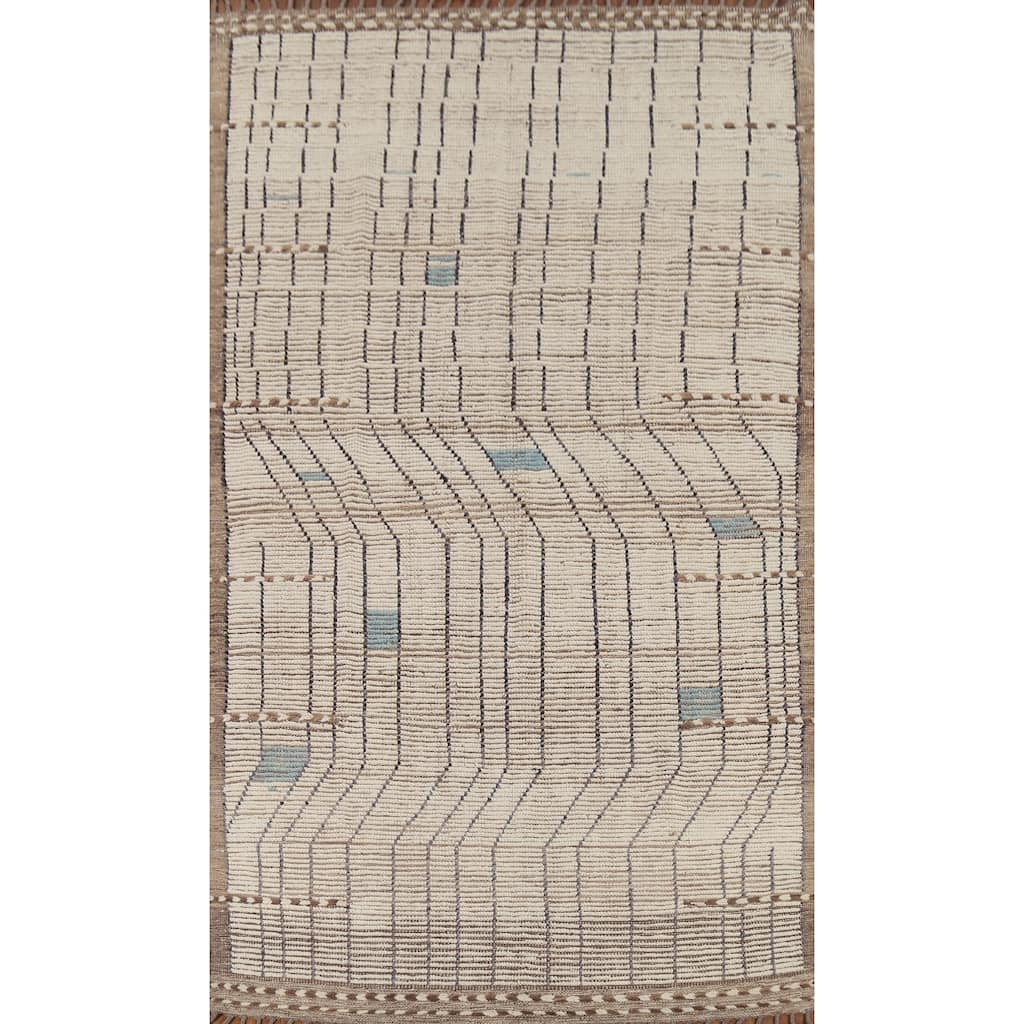 Beige Moroccan Striped Rug Hand-Knotted Wool Carpet - 5'8"x 9'11"