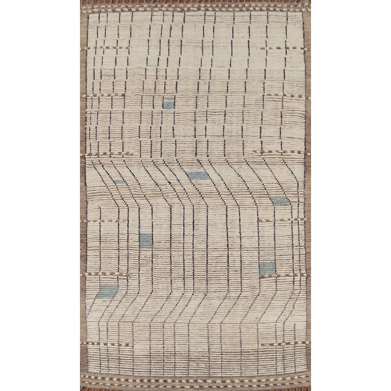 Beige Moroccan Striped Rug Hand-Knotted Wool Carpet - 5'8"x 9'11"