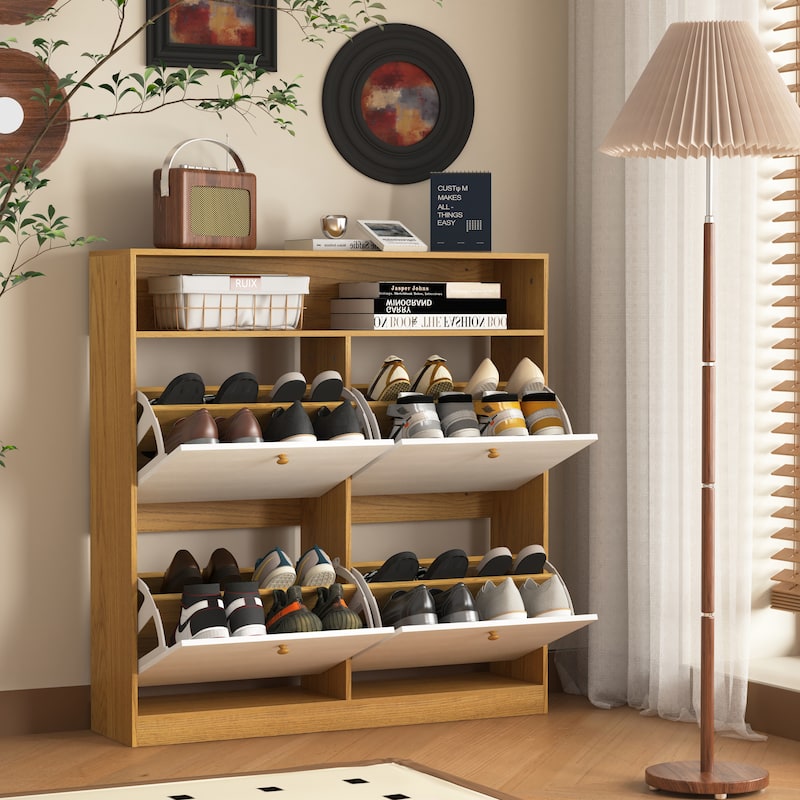 Shoe Storage Cabinet with 4 Flip Drawers , Shoe Rack Organizer Cabinet with wooden