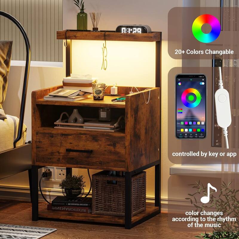 Nightstand with 1 Drawer Shelf USB Ports End Side Table