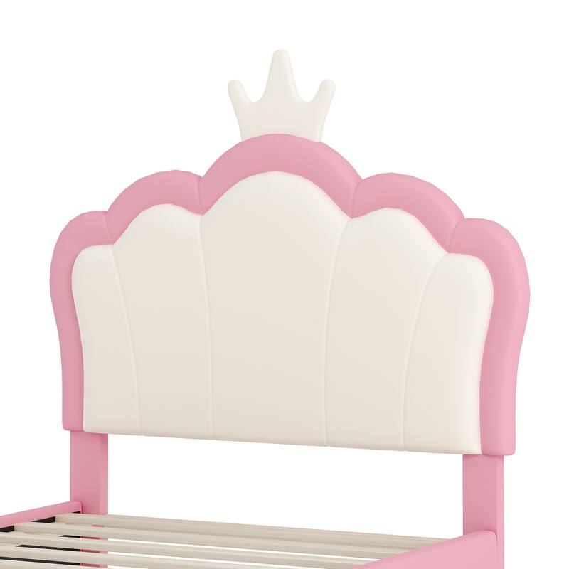 Twin size PU Princess Crown Headboard Platform Bed with Headboard and Footboard