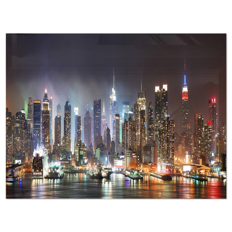 Designart 'Lit NYC Manhattan Skyline' Cityscape Photo Metal Wall Art