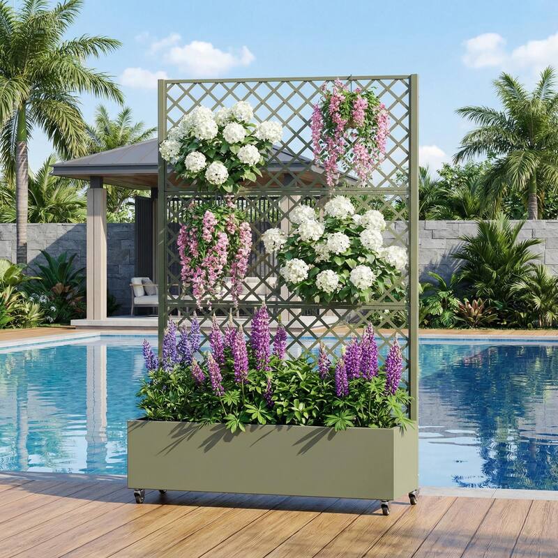 Raised Garden Bed Planter with Trellis Movable Planter Box with Lockable Wheels