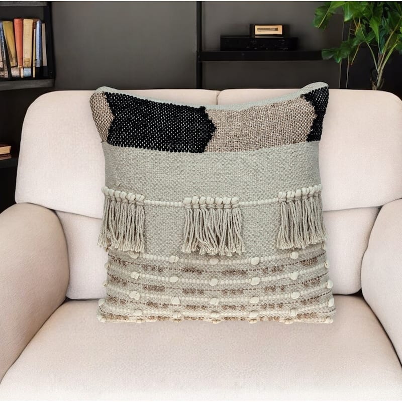 HomeRoots 18" Beige and Gold Striped Cotton Blend Throw Pillow With Fringe - Accent - Polyester