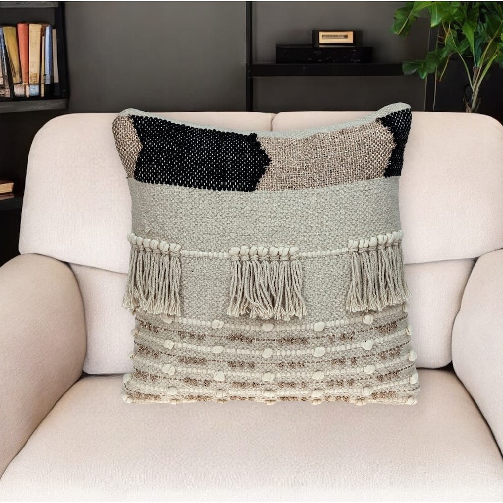 HomeRoots 18" Beige and Gold Striped Cotton Blend Throw Pillow With Fringe